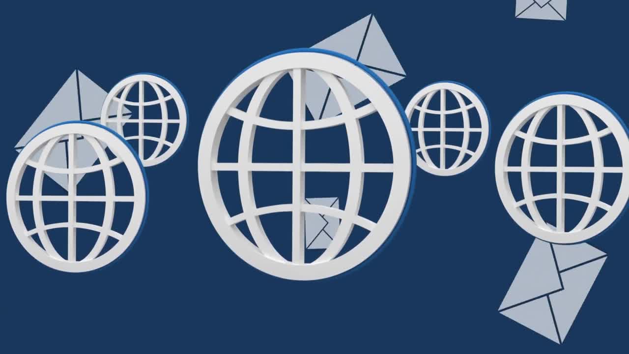 Animation of globe symbols and email envelope icons falling, on blue