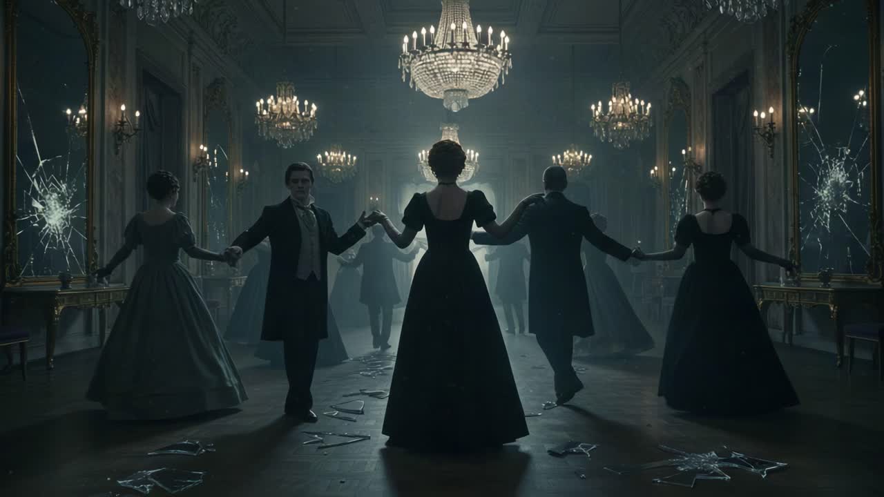 A Mysterious Dance Unfolds in a Grand Hall, Where Elegant Figures Gracefully Move Among Shattered Glass, Illuminated by Chandelier Light in an Enigmatic Atmosphere