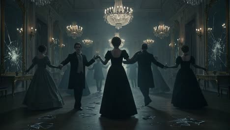 a mysterious dance unfolds in a grand hall, where elegant figures gracefully move among shattered glass, illuminated by chandelier light in an enigmatic atmosphere