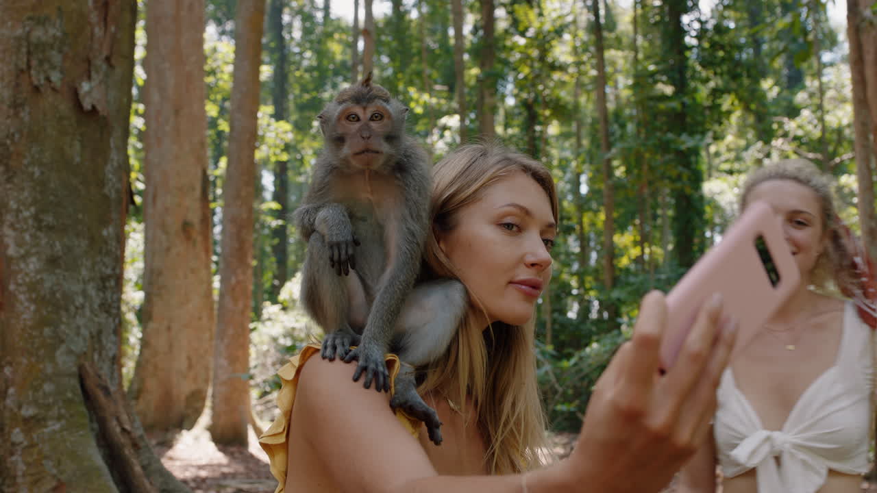 dos mujeres usando un teléfono inteligente tomando una foto de un mono sentado en el hombro amigas que se divierten posando con monos en el zoológico de vida silvestre turistas viajan a bali