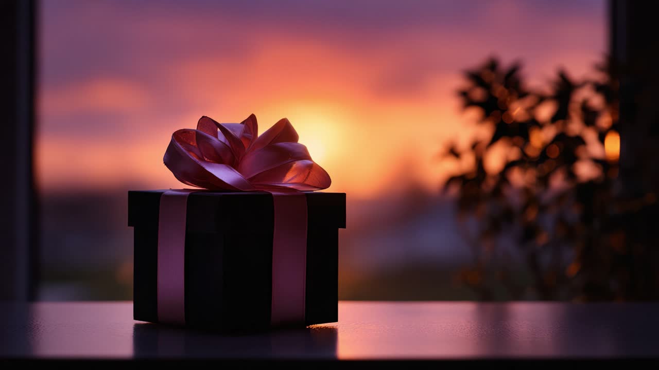 Un regalo splendidamente incartato su uno sfondo mozzafiato al tramonto, che cattura l'essenza della celebrazione e dell'attesa con colori e texture intensi