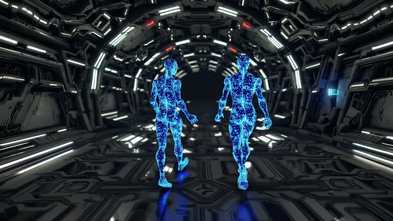 Holographic projections of a man and a woman walking together inside a futuristic spaceship corridor, showcasing a blend of advanced technology and human connection in a digital environment