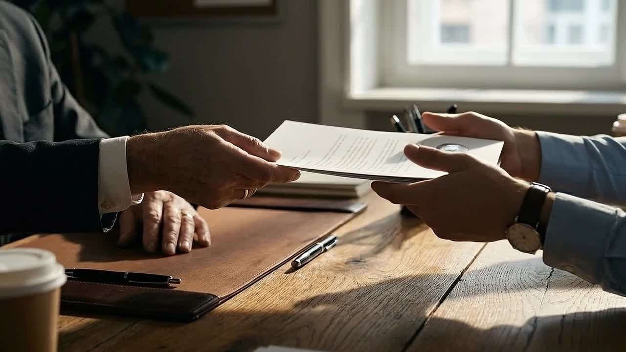 Close-Up of Business People Exchanging Documents on a Desk