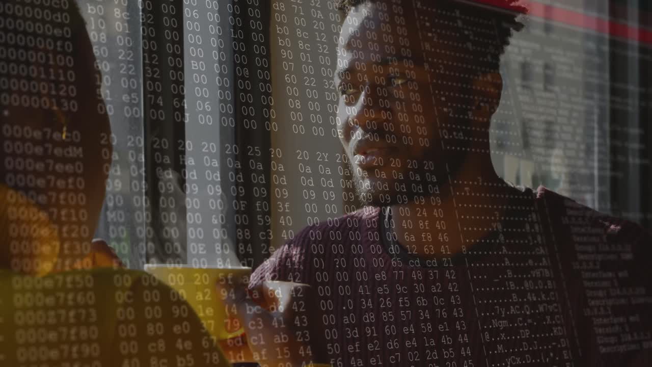 Animation of data processing over african american couple drinking coffee