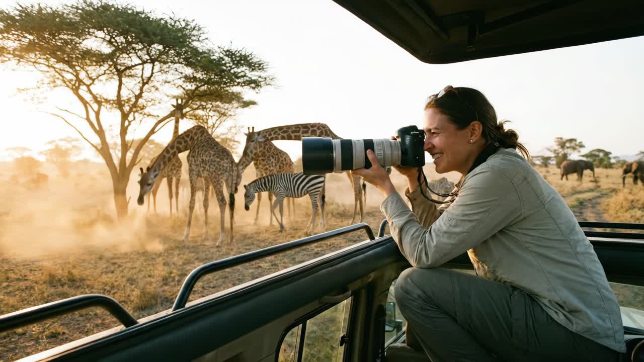 Donna felice che fotografa giraffe e zebre durante un safari africano