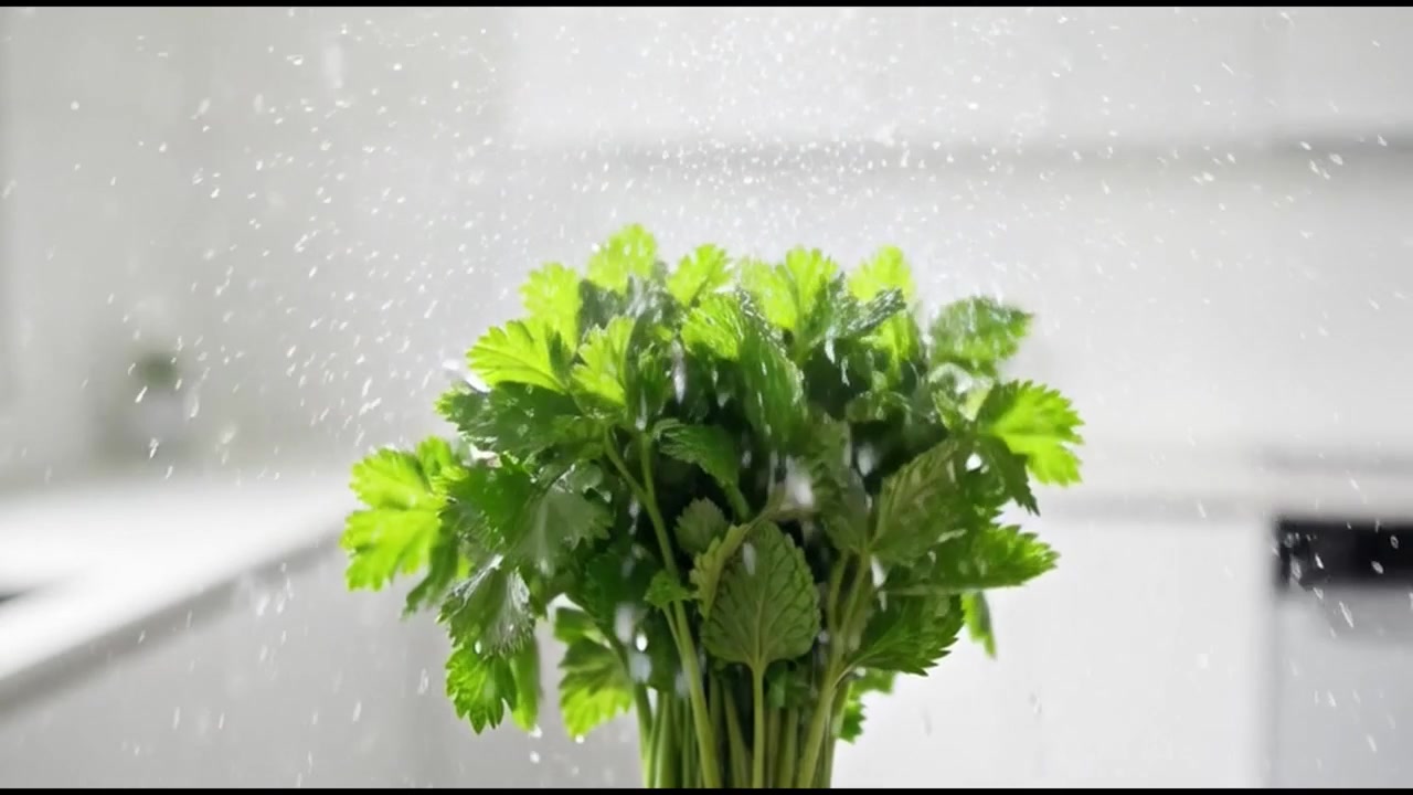 Herbal Hijau Segar Disemprot Air di Dapur