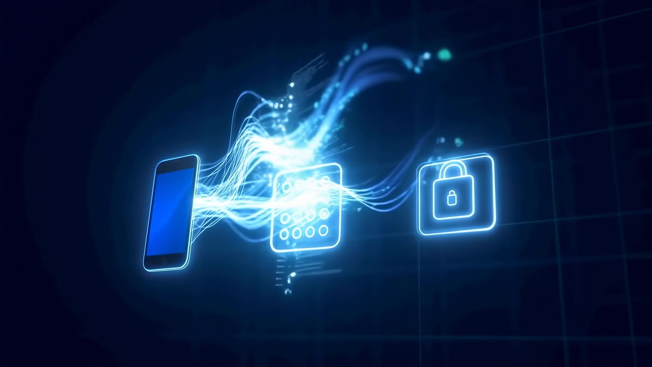 Mobile Passcode And Lock Icons With Energy Stream, Smartphone Keypad Powering Encrypted Channel, Security