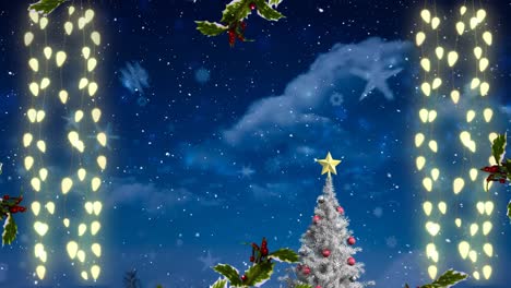 Animation-of-fairy-lights,-christmas-tree,-holly-decoration,-snow-falling-over-blue-sky