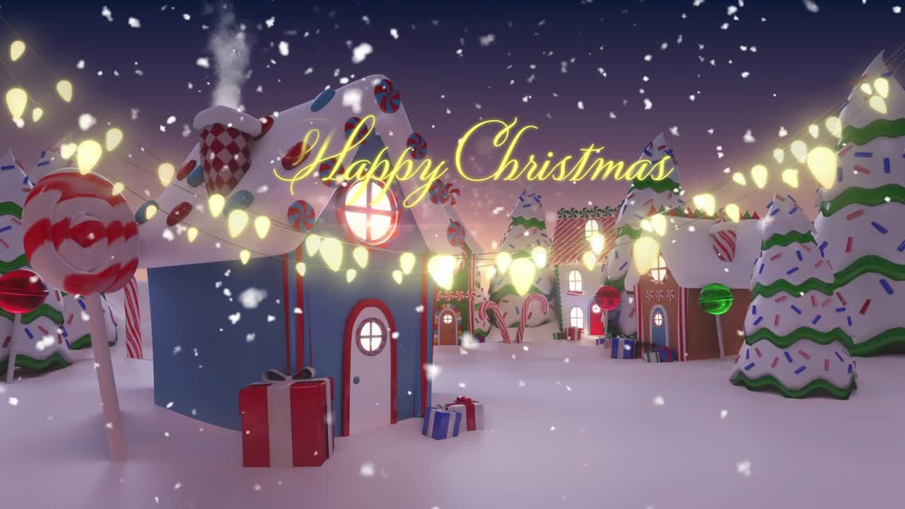 Snowfall starting with camera focusing on gingerbread house as text morphing for festive greeting
