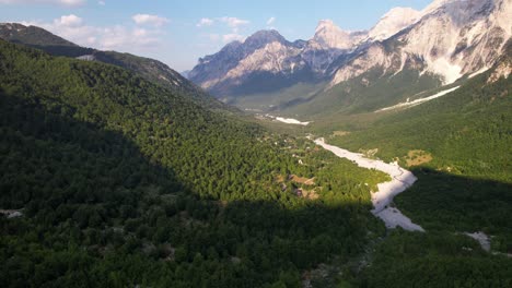 panoramic valley of valbona inside alps in albania, green forests and high mountains