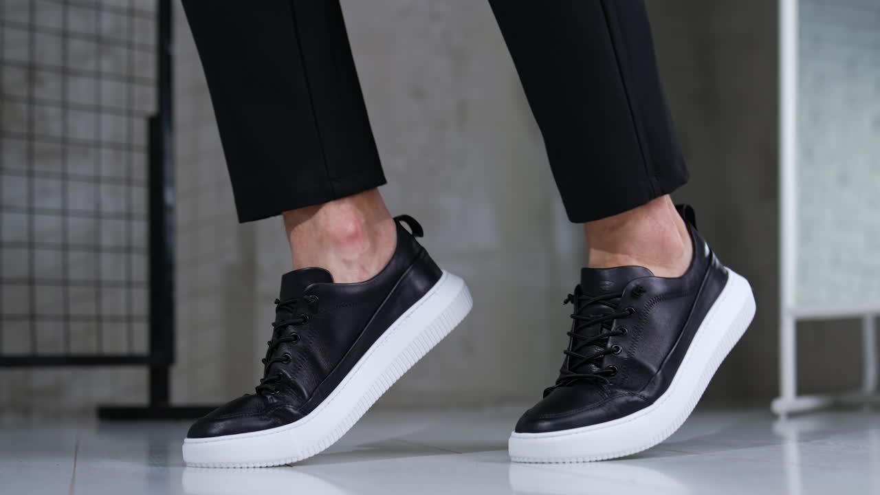 Stylish Black Leather Sneakers with White Soles