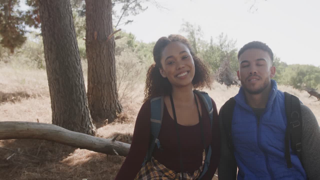 retrato de una feliz pareja afroamericana sentada en el tronco de un árbol en el bosque, cámara lenta