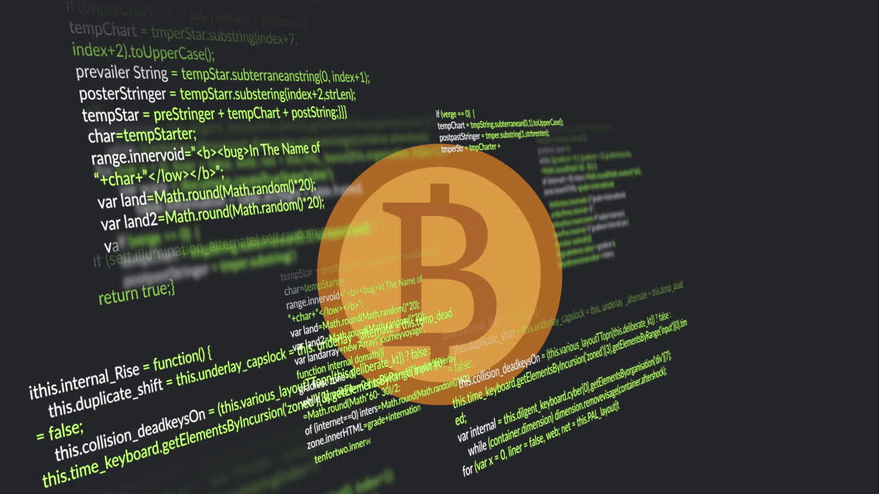 animación de bitcoin sobre el procesamiento de datos en fondo negro