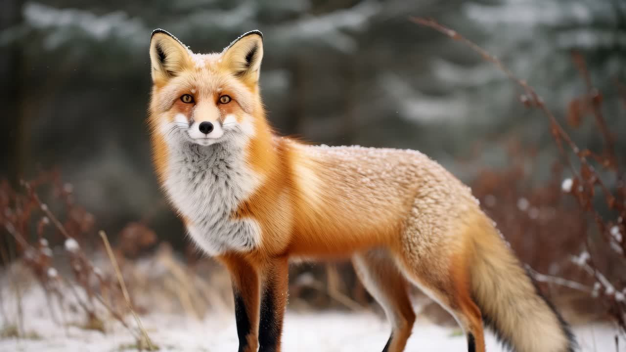 A close-up video still of a red fox in a snowy forest. Captured at eye level, showcasing its vibrant