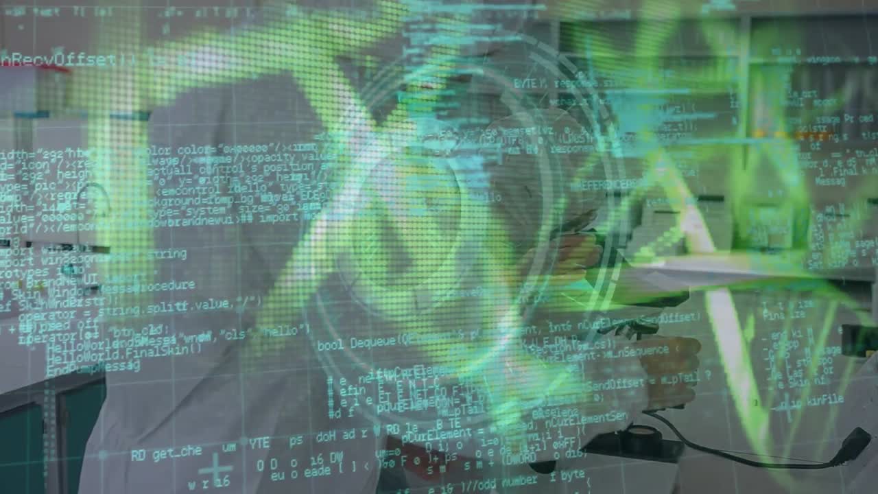 컴퓨터 회로판의 애니메이션, 데이터 처리 및 실험실의 다양한 과학자들에 대한 범위