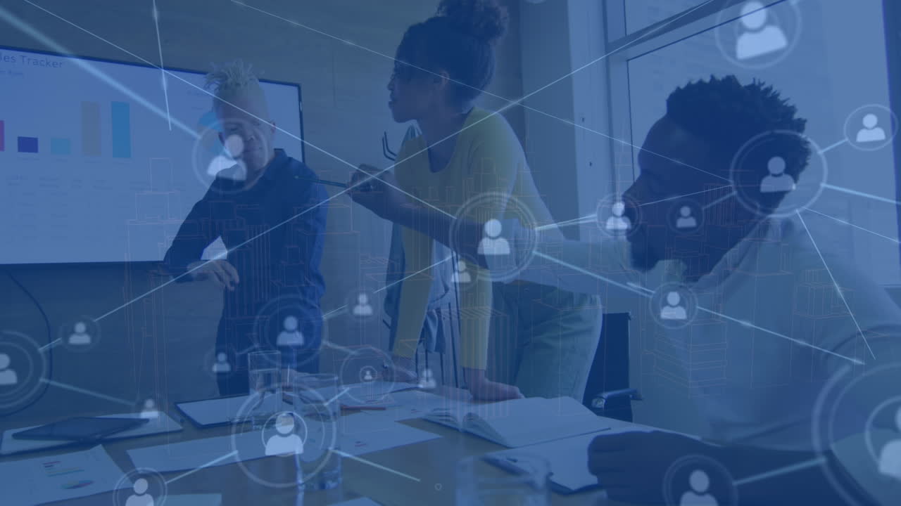 Animation of connections with digital icons over diverse business people in office