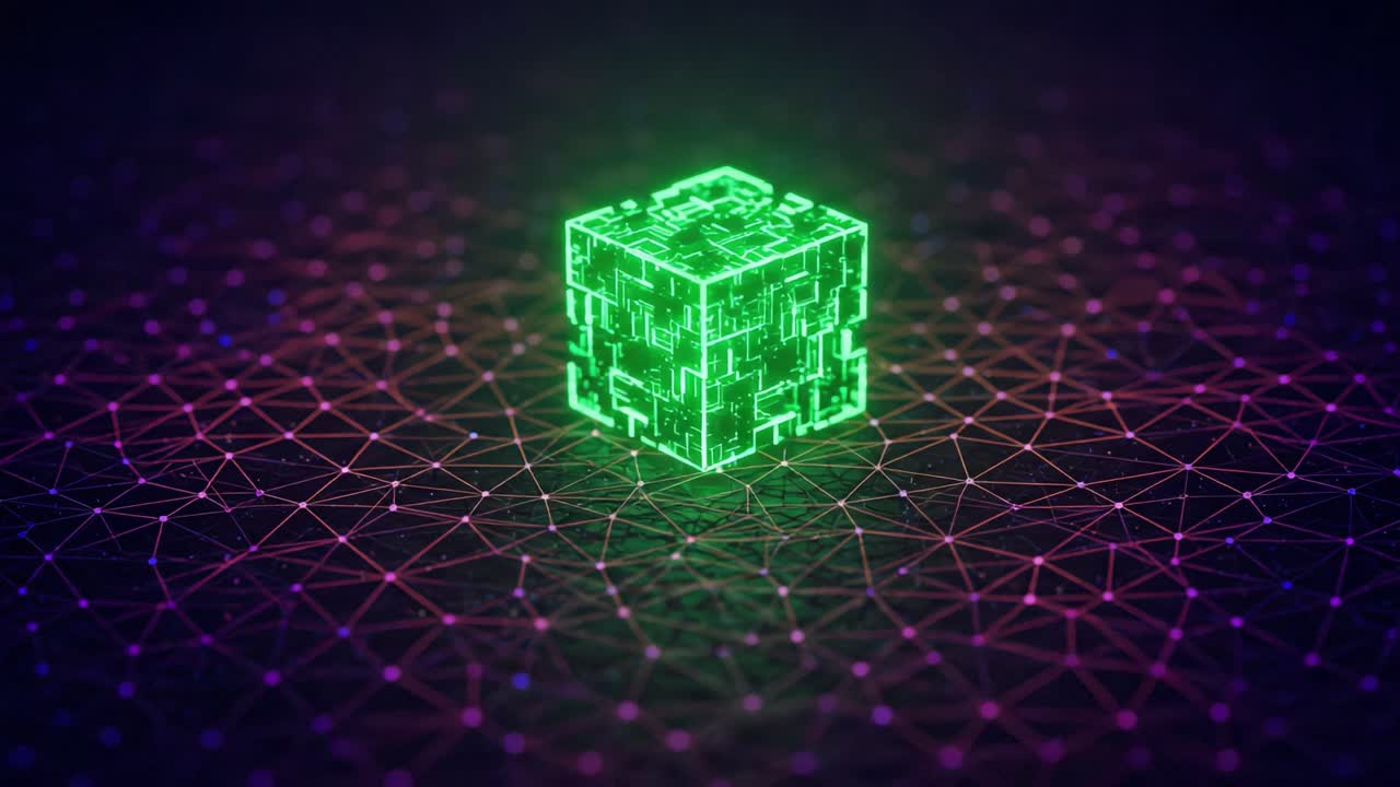 A Vibrant Green Cube Surrounded by Intricate Geometric Patterns in a Digital Landscape, Emphasizing Technology and Futuristic Design Elements