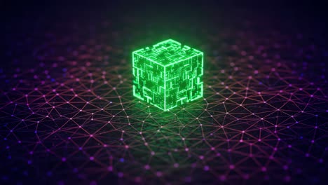 a vibrant green cube surrounded by intricate geometric patterns in a digital landscape, emphasizing technology and futuristic design elements