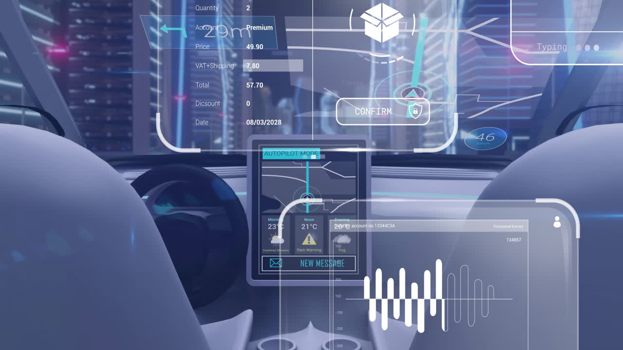 Autopilot mode and animation on futuristic car dashboard in cityscape