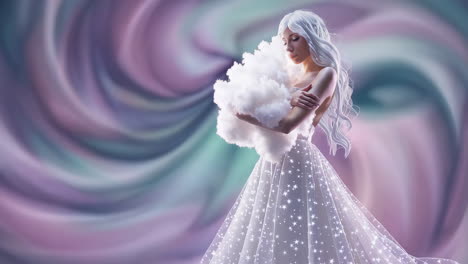 dreamy woman with white hair and cloud in a starry dress