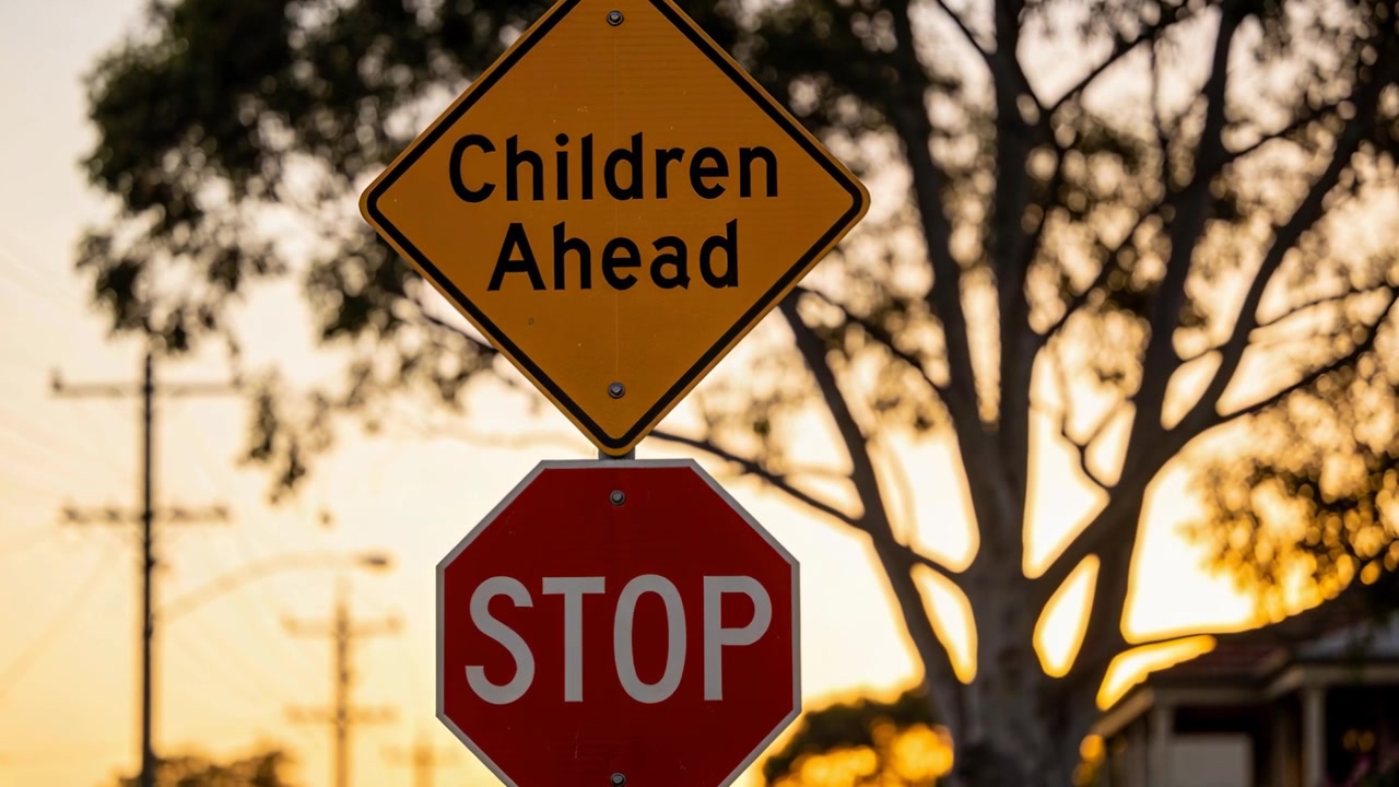 Segnali 'Bambini' e 'STOP' su una strada di quartiere al tramonto, per avvisare gli automobilisti