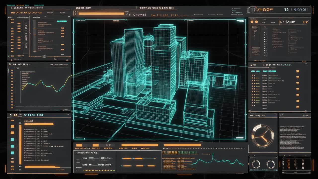 Digital Interface Showing 3D Wireframe City and Data Analytics