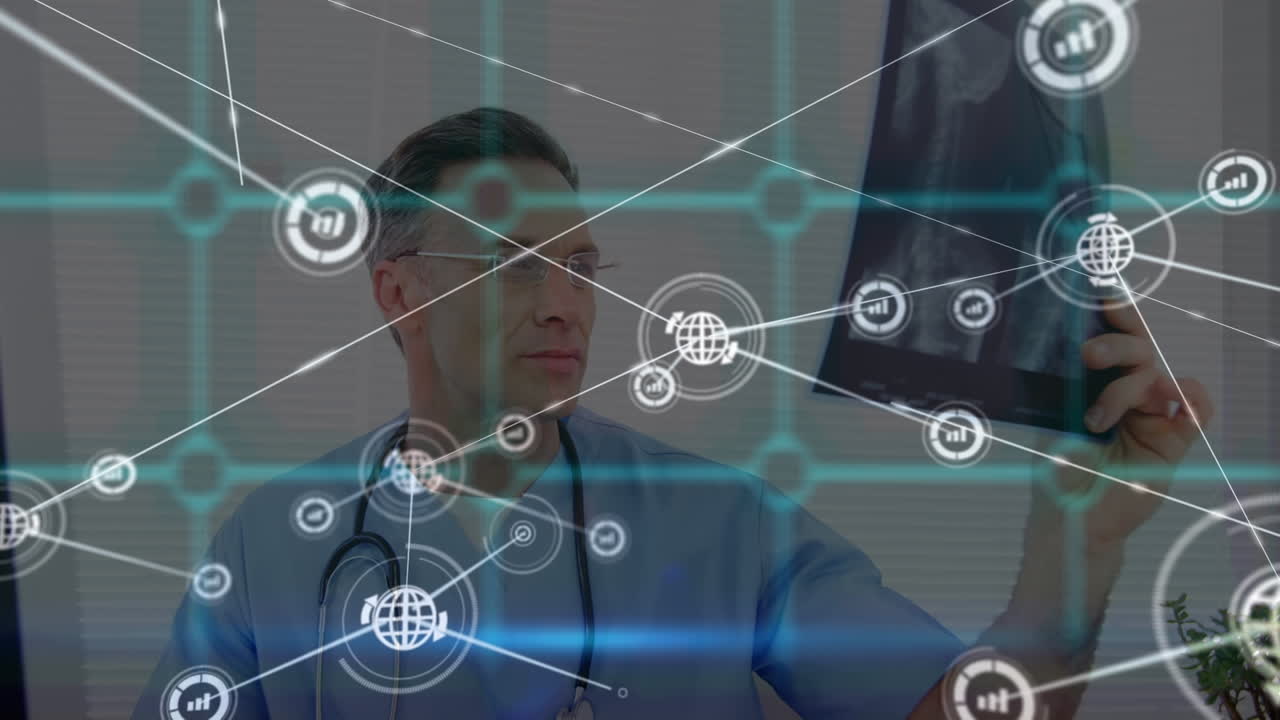 red de iconos digitales sobre un trabajador de salud caucásico examinando el informe de rayos x en el hospital