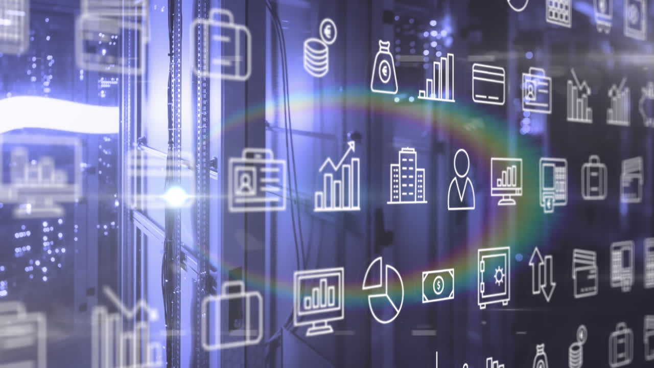 animación de múltiples iconos digitales y flash de lente arco iris contra la sala del servidor de la computadora.