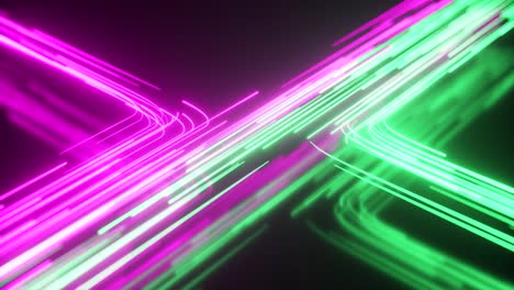 corriente de neón verde y púrpura. fondo curvo abstracto de alta tecnología. textura creativa a rayas. transferencia de información en un ciberespacio. rayos de luz en movimiento. renderizado 3d de bucle sin costuras.