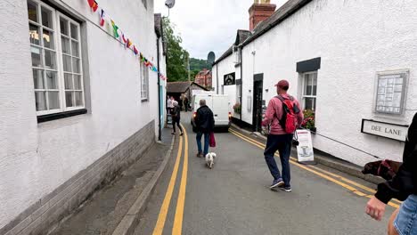 people walking dog in narrow alleyway