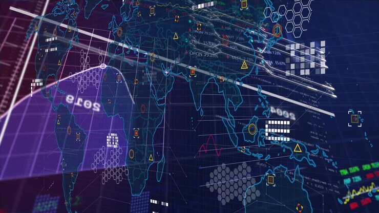 Animation of financial data processing over world map