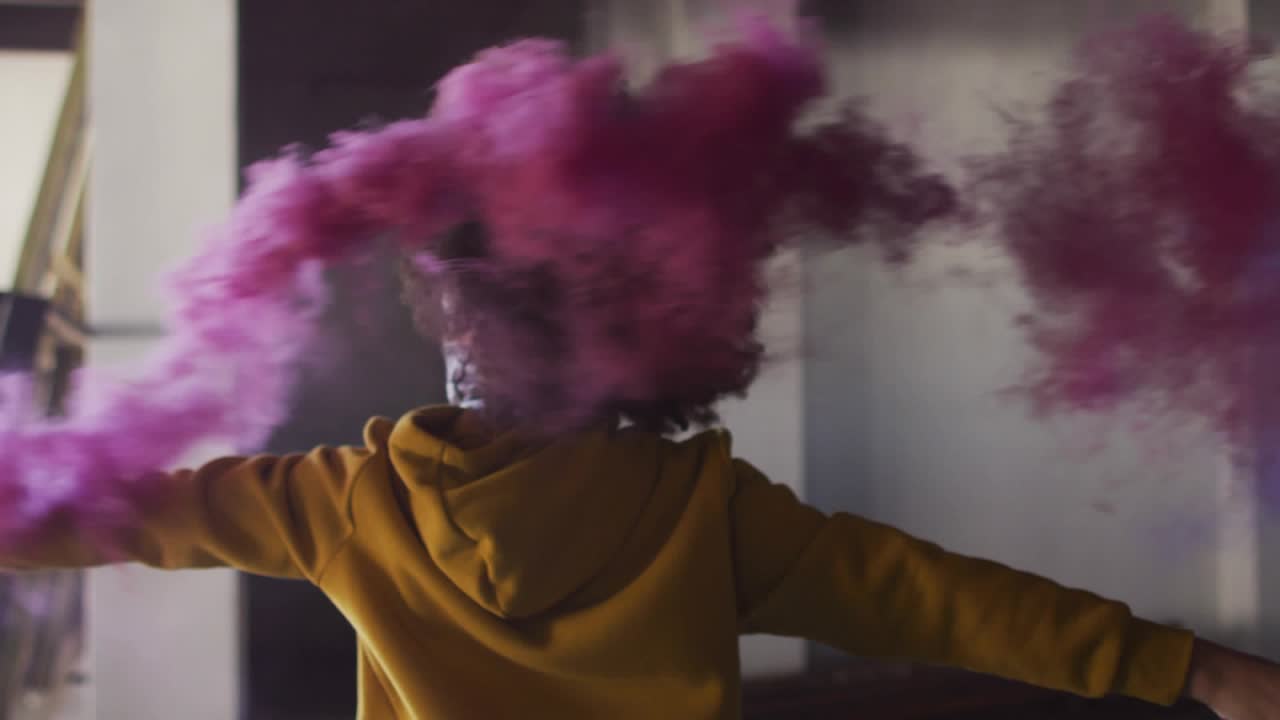 Woman rotating rear to front, releasing pink-purple smoke, sparking emoji stream, seeking marketing