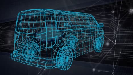 animación de la red de conexiones e iconos sobre el modelo de coche 3d