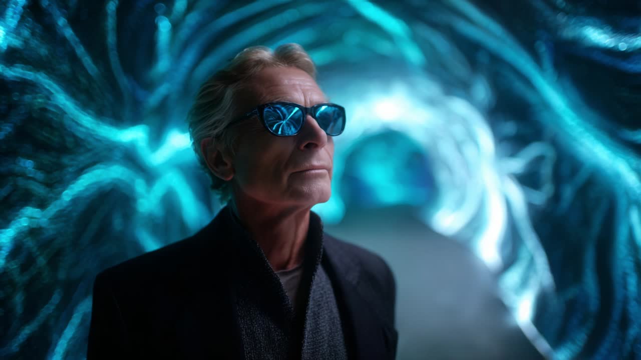An enigmatic figure in reflective sunglasses stands confidently within a surreal, luminescent tunnel, where vibrant blue and green light meld together to create a mesmerizing and otherworldly atmosphere