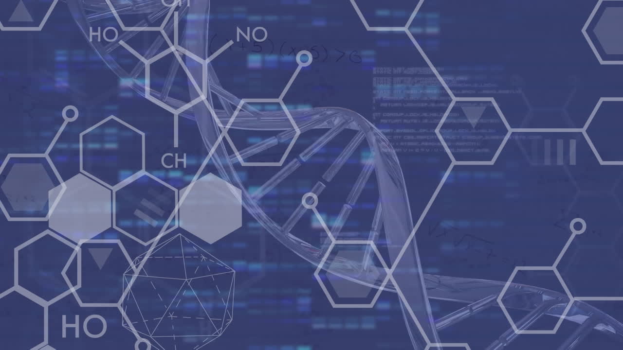 파란색 배경에 화학 구조와 dna 가닥의 애니메이션