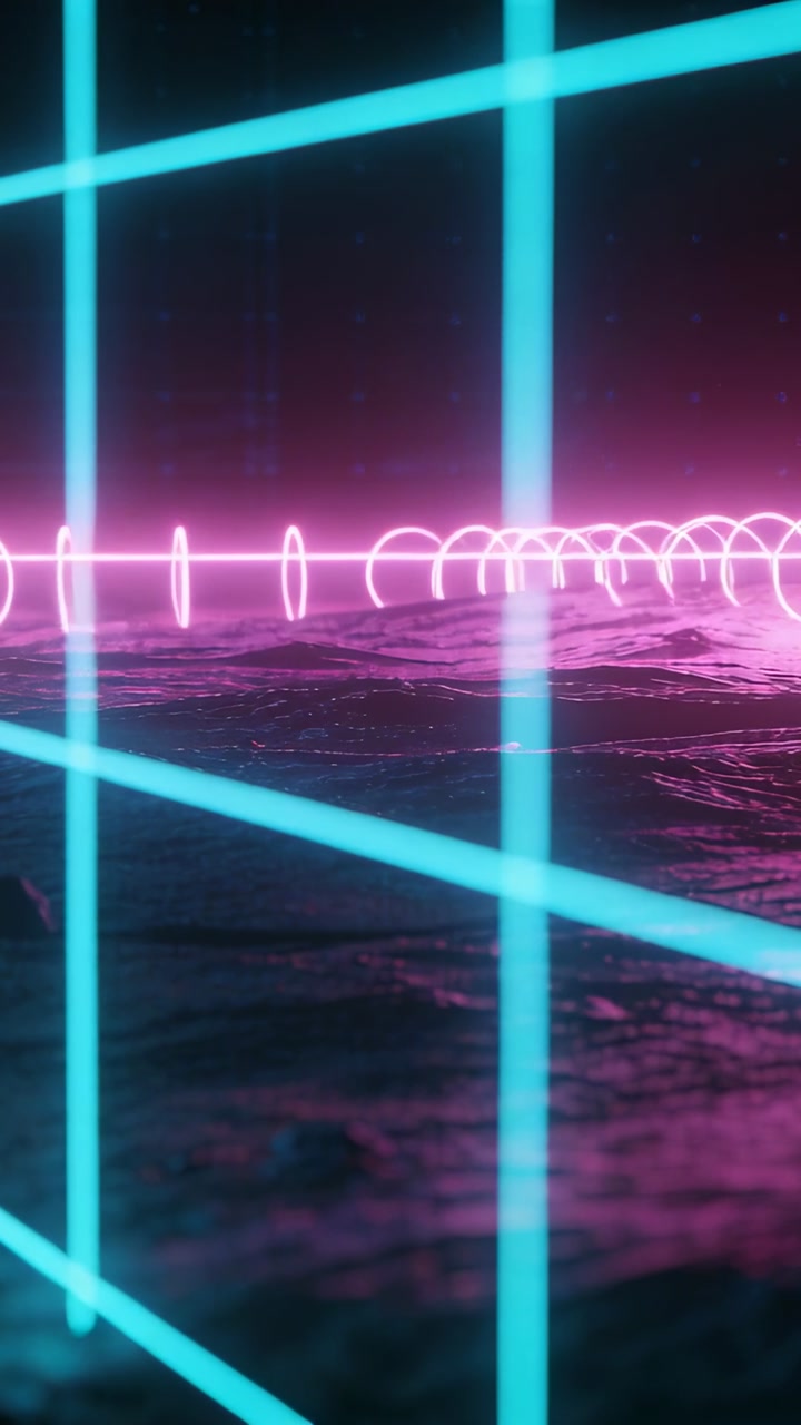 Vertical video: Panning camera showing cyan neon grid and pink neon rings over waves, glowing
