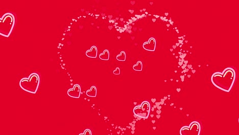 Animation-Rosafarbener-Herzen,-Die-Sich-Auf-Rotem-Hintergrund-Bewegen