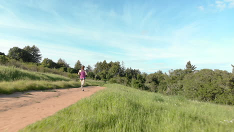 aerial of young woman running on a forest trail at sunset