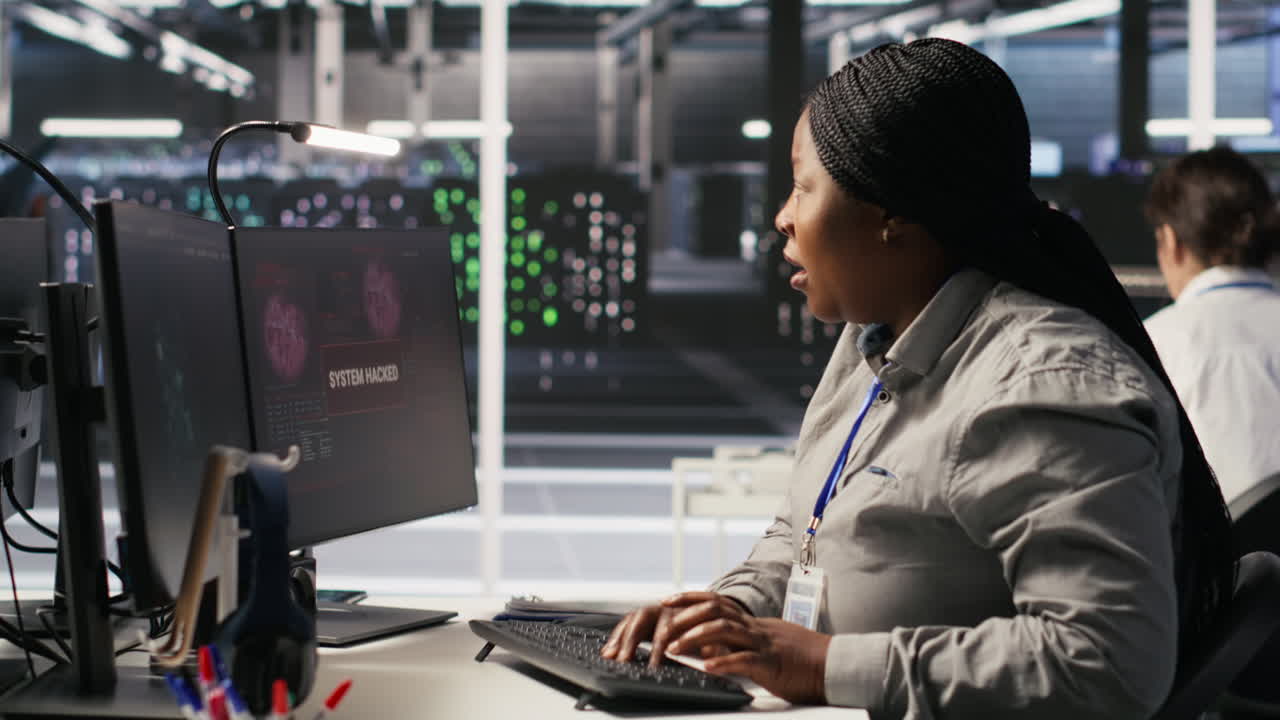 Vertical video Panicked system administrator in data center reacting to spyware warning