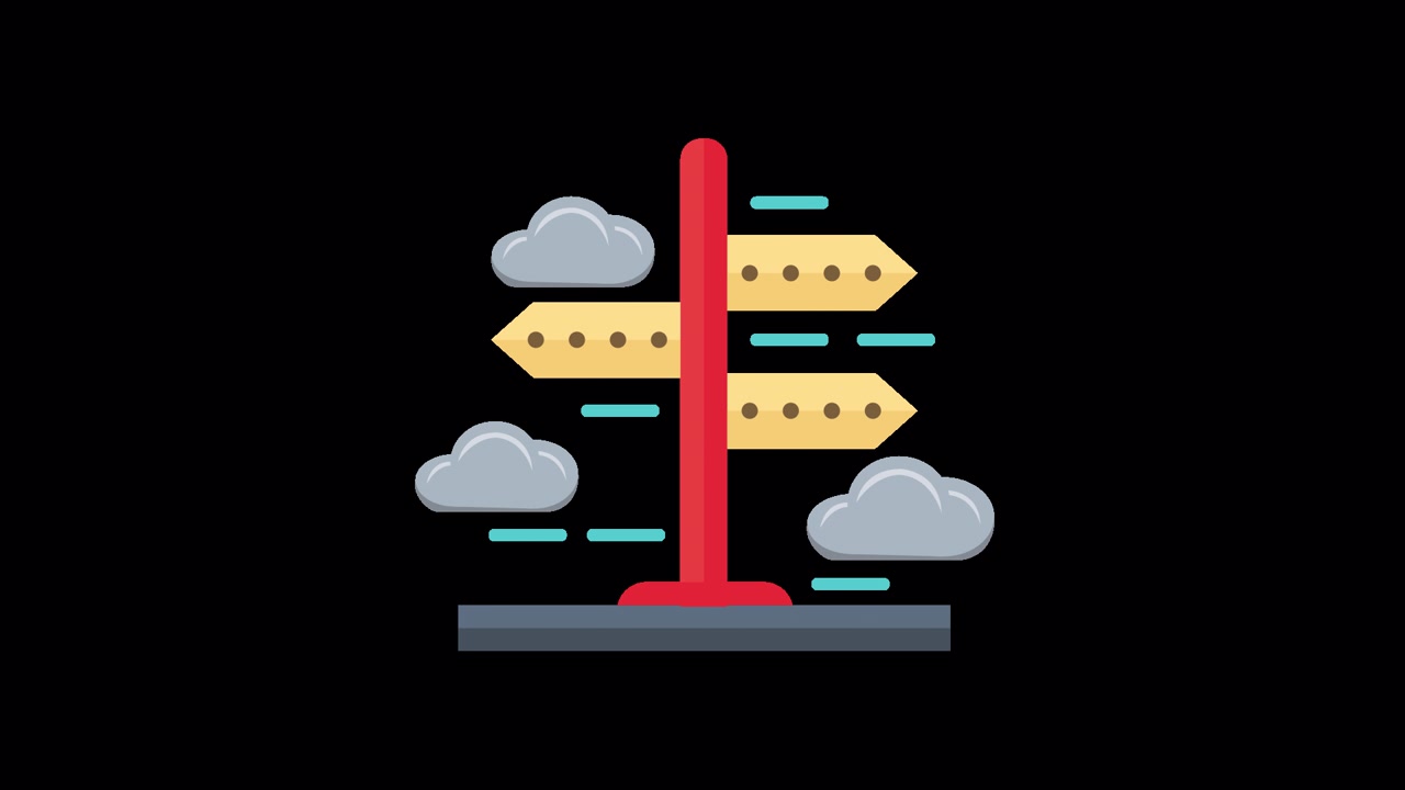 Animated Signpost with Multiple Direction Arrows and Moving Clouds