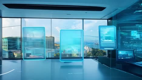 cutting edge office with holographic screens and interactive digital interfaces. futuristic workplace with city views