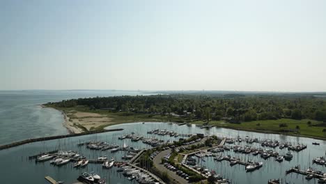 Drone-footage-of-Ege-Marina,-Kaløvig-boat-guild