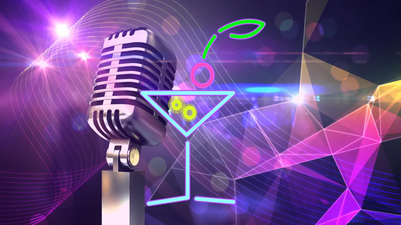 빛의 반 ⁇ 이는 반점 위에 레트로 마이크를 통해 네온 음료의 애니메이션