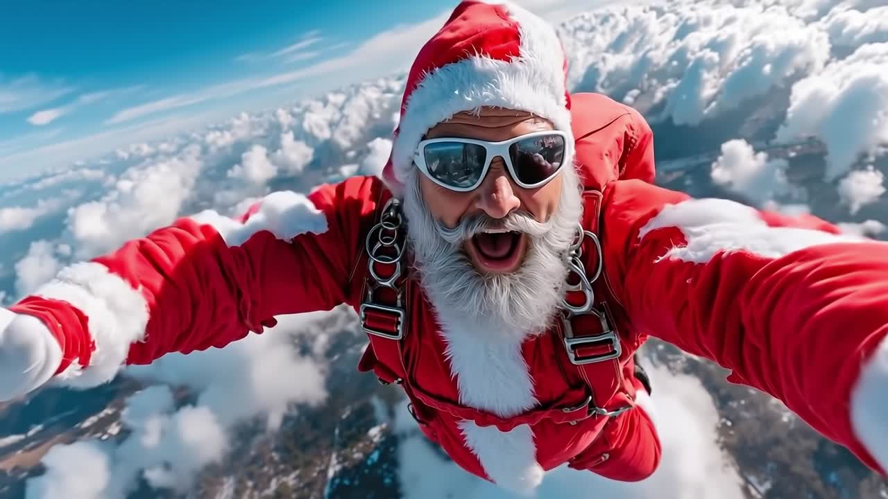 A man dressed as Santa Claus is skydiving in the sky