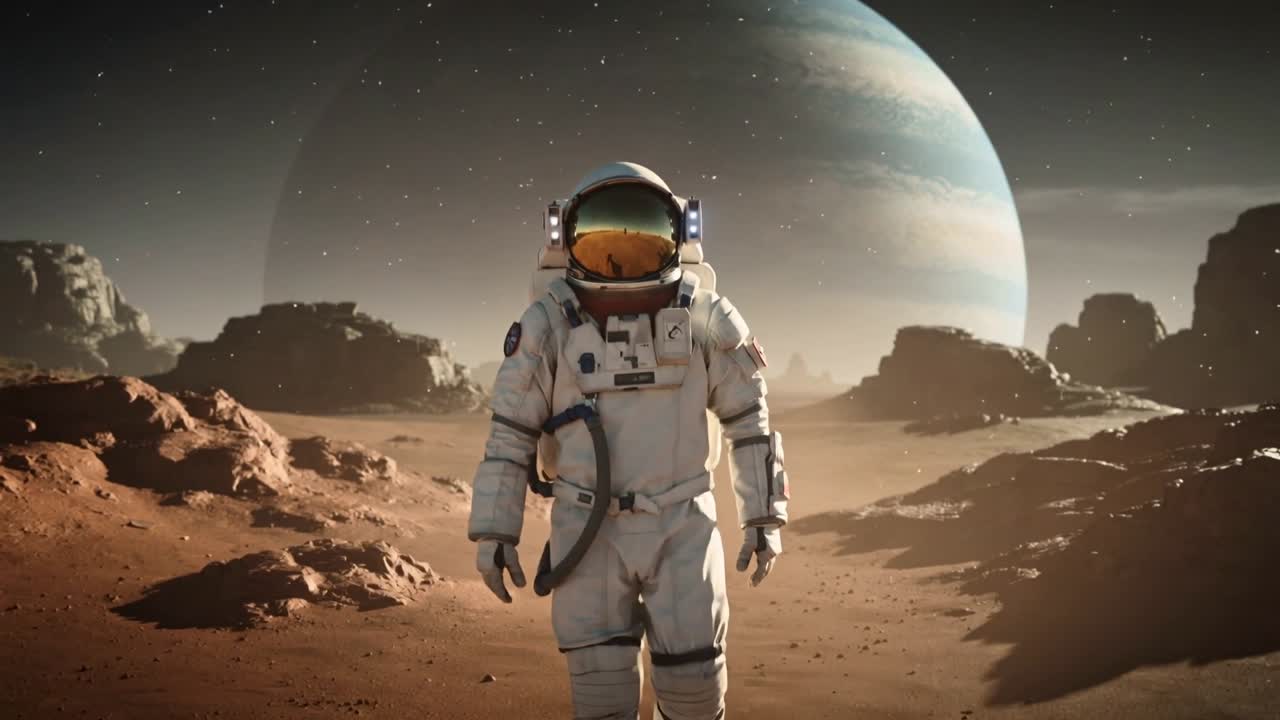 Gående astronaut i rumdragt modtager signal og nærmer sig kameraet på en rød slette, med visir og rygsæk synlige.