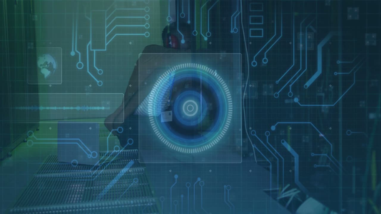 Vertical video: IT tech sitting beside racks, system HUD fading in over him and monitoring network