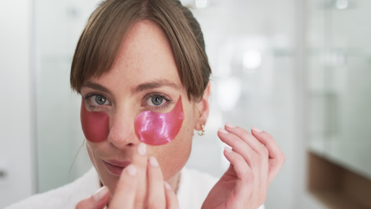Middle-aged Caucasian woman applies facial skincare treatment at home