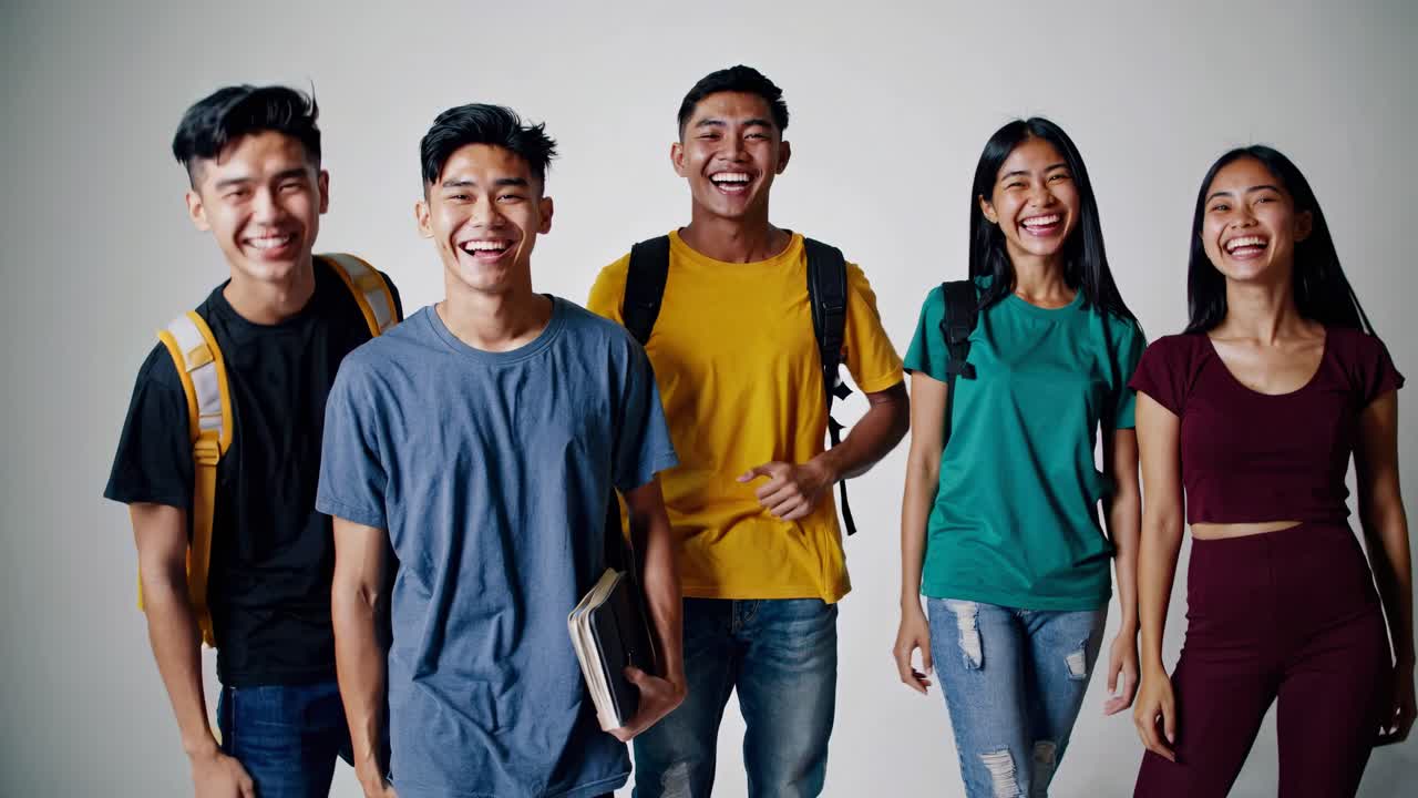Group of five friends smiling and standing, facing the camera