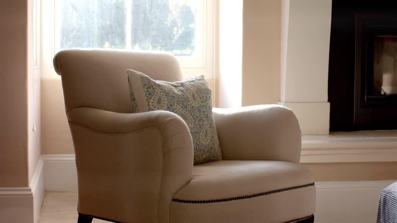 Binary code emerging UI icons floating above beige chair linking into network showing links fading