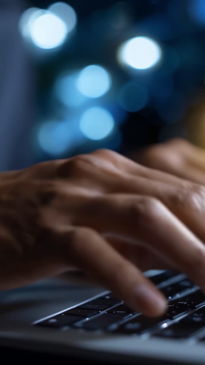 Close-up of Hands Typing on a Keyboard with Blurred Background Bokeh Effects Creating a Vibrant and Innovative Workspace Atmosphere for Digital Project Creation